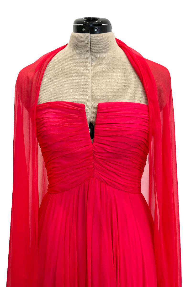 Beautiful Spring 1989 Bob Mackie Runway Red Silk Chiffon Dress & Cape w Inner Pink Layer