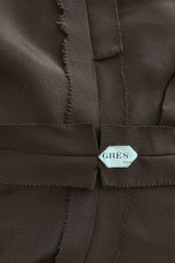 Elegant 1970s Madame Gres Haute Couture Chocolate Brown Day Dress w Full Sleeves & Collar