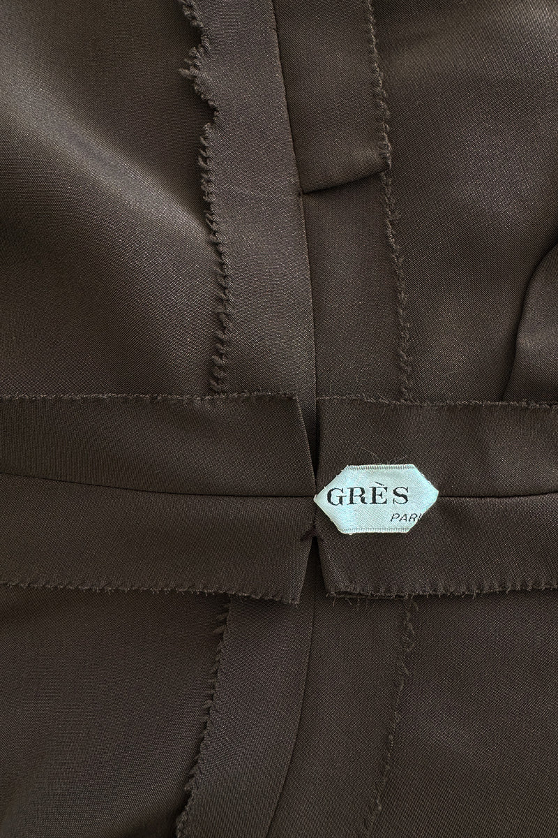 Elegant 1970s Madame Gres Haute Couture Chocolate Brown Day Dress w Full Sleeves & Collar