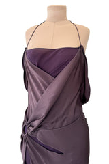Gorgeous Fall 2003 John Galliano Bias Cut Deep Purple Silk Dress w Draped Arm Panels