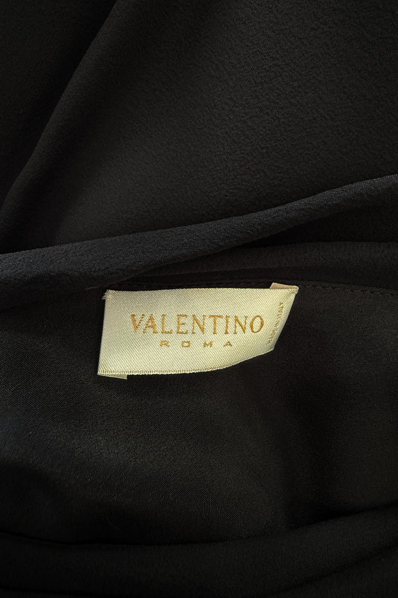 Beautiful 2000s Valentino Roma Black Bias Cut Silk Chiffon Dress w Front & Back Plunge & Silver Sequin Bow