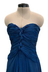 Prettiest Spring 1990 Oscar De La Renta Deep Sapphire Blue Silk Chiffon Strapless Dress w Matching Cape
