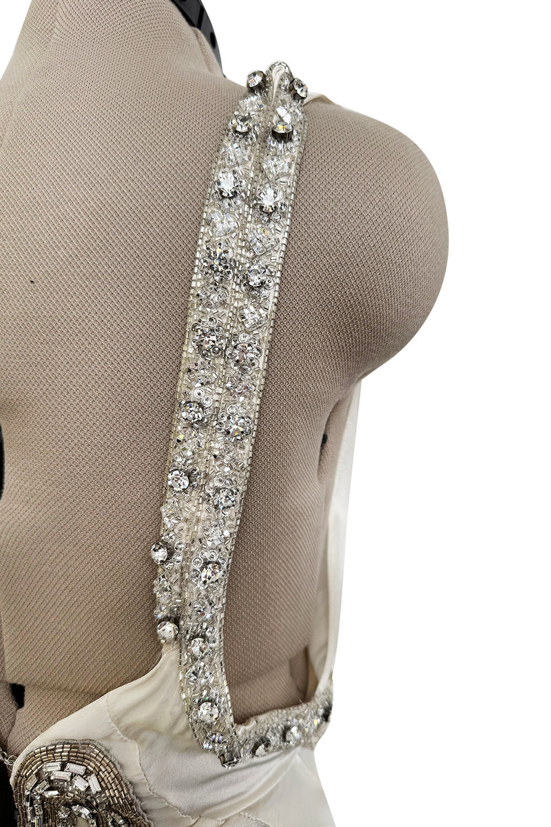 Iconic Spring 2006 Roberto Cavalli Front Plung & Open Back Heavily Detailed w Rhinestone Bias Cut Ivory Silk Dress