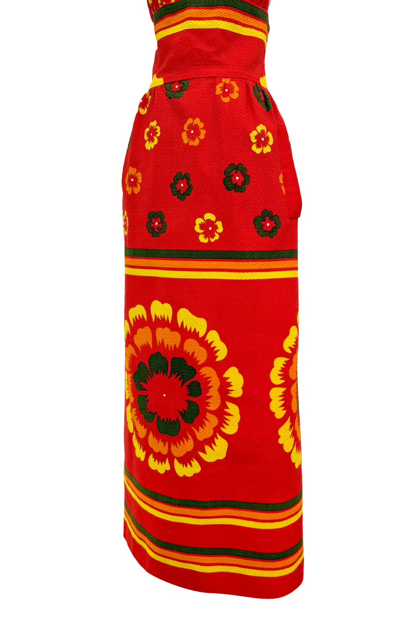 Gorgeous 1971-1972 Lanvin by Jules-Francois Crahay Floral Printed Coral Cotton Pique Backless Halter Dress