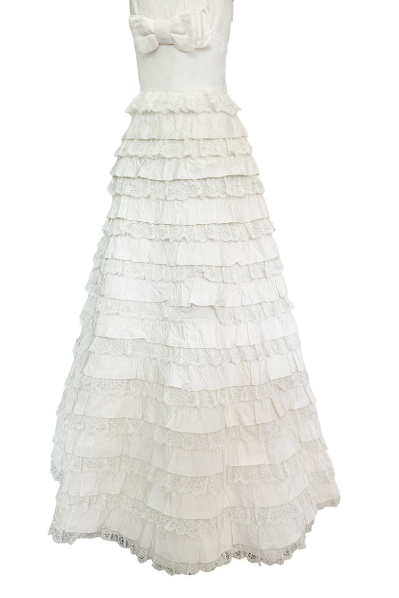 Dreamiest 2010s Valentino Off White Silk Wedding Dress w Tiered Ivory Lace & Ruffle Skirt