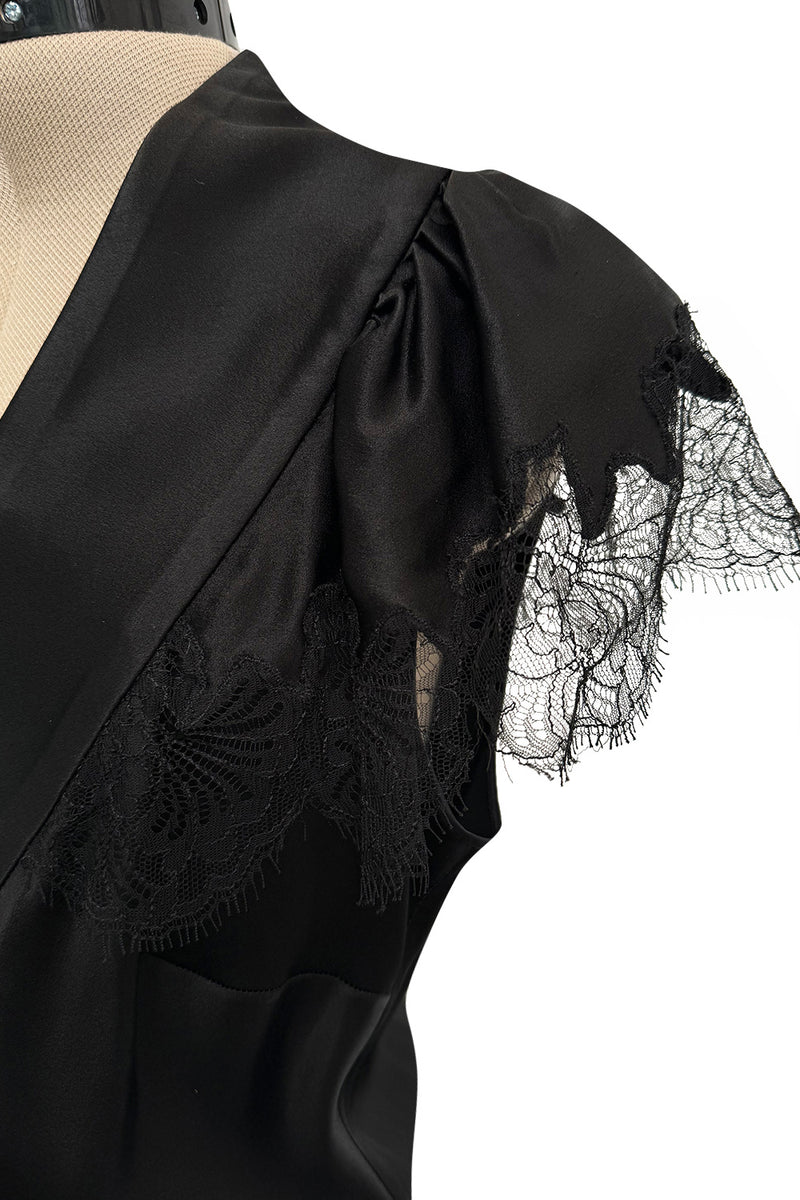 Iconic Fall 2005 John Galliano Black Silk Bias Cut Dress w Plunge Front & Lace Trimmed Cap Sleeves