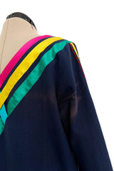 Colourful 1960s Josefa Deep Blue Cotton Caftan Dress w Multi Coloured Ribbns & Hand Embroidery