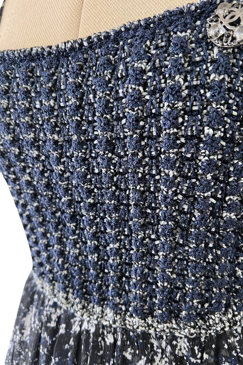 Gorgeous Spring 2012 Chanel by Karl Lagerfeld Hand Crochet Knit & Silk Chiffon Blue Dress w Scarf