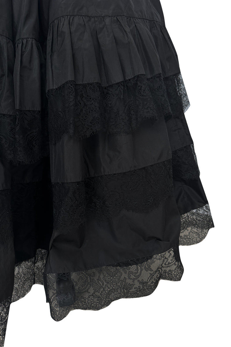 1970s Louis Mies Haute Couture Off Shoulder Silk Taffeta Dress w Hand Made Lace Detailing