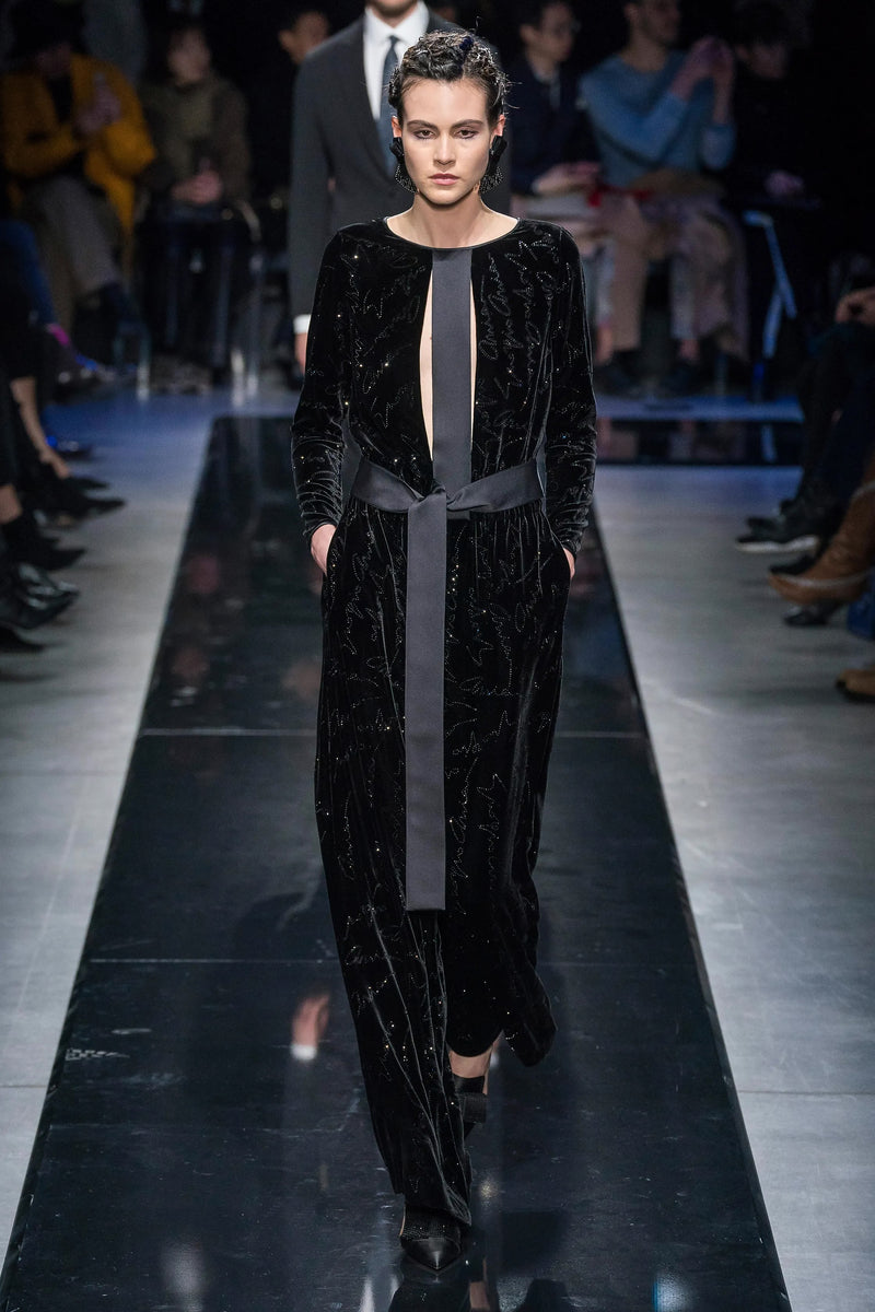 Exquisite Fall 2019 Giorgio Armani Runway Look 80 Velvet &Silk Ribbon Jumpsuit w Black Jet Beads