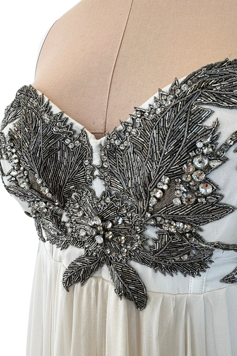 Incredible 2022 Alexander McQueen by Sarah Burton Ivory Silk Chiffon Dress w Heavily Detailed Bodoice