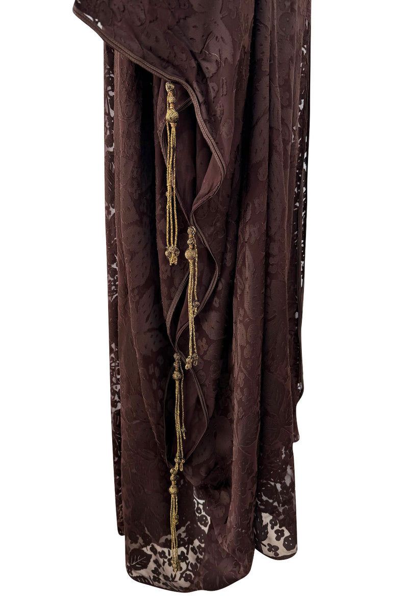 Rare 1960s Thea Porter Couture Brown Silk Open Caftan w Belt & Gold Tassles