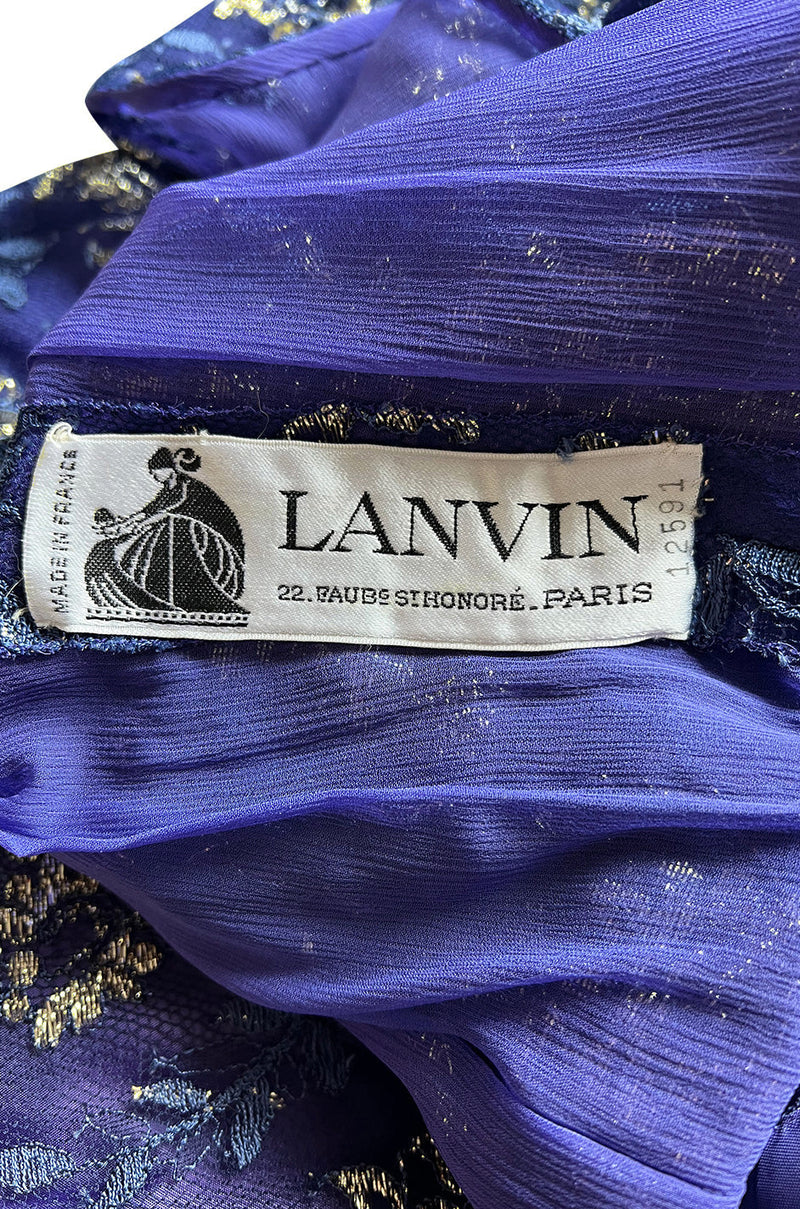 1970s Lanvin by Jules-Francois Crahay Demi-Couture Metallic Gold Detailing Blue Dress