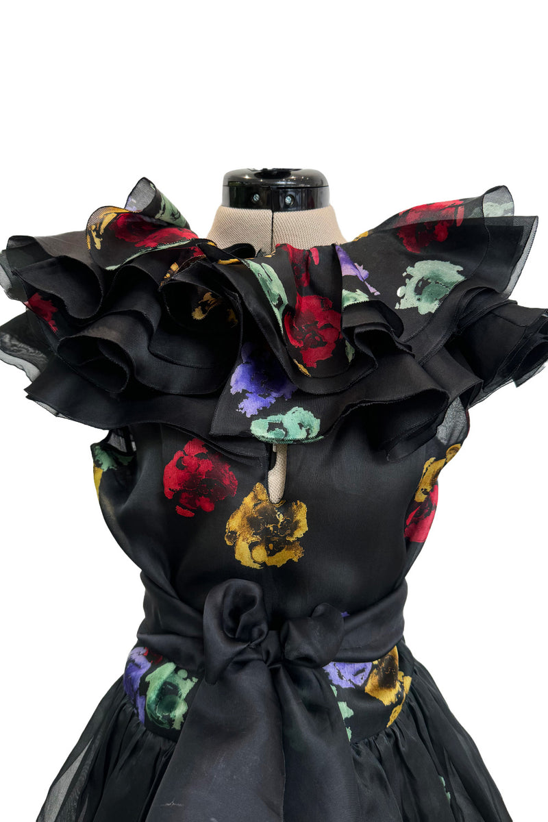 Spring 1981 Unlabeled Christian Dior Floral Print Silk Organza Dress w Ruffled Shoulders