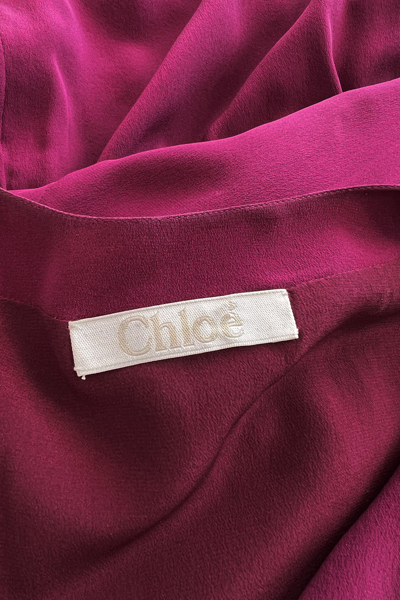 Chic Early 2000s Chloe Deep Burgundy Merlot Coloured Simple Silk Shift Dress w Ties