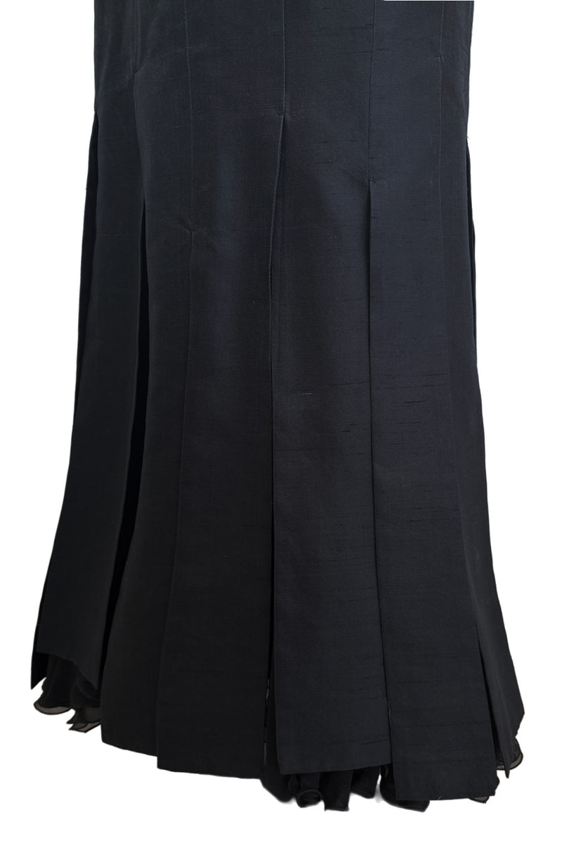 Fantastic c.1983 Thierry Mugler Black Raw Silk Vertical Panel Dress w Car Wash Hem & Silk Chiffon