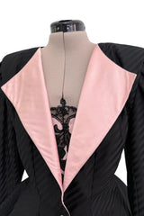Fantastic Spring 1984 Emanuel Ungaro Haute Couture Black Stripe Jacket & Skirt Suit + Pink Camisole