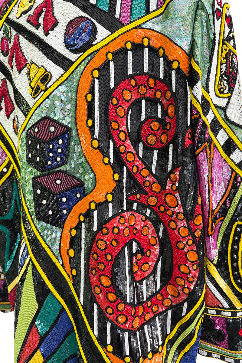 Incredible 1980s Bob Mackie Main Label Fully Sequin & Beaded Oversized Casino Themed Jacket