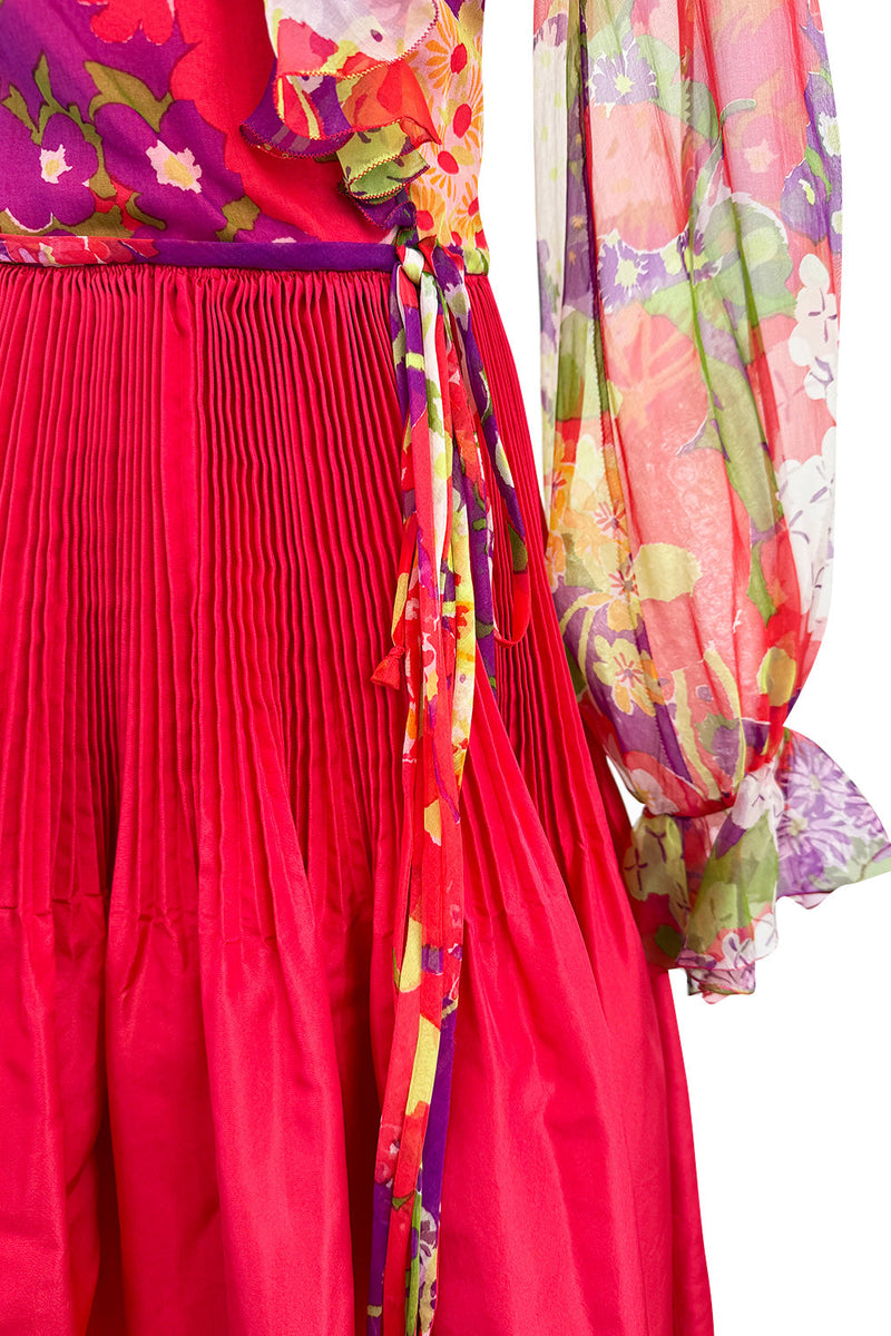 Sensational 1972 Yves Saint Laurent Red Floral Silk Chiffon & Red Silk Dress w Balloon Sleeves & Pleat Detailing