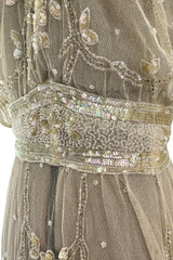 Beautiful 1910 Unlabeled Heirloom Ivory Net Wedding Dress w Elaborate Sequin & Bead Work