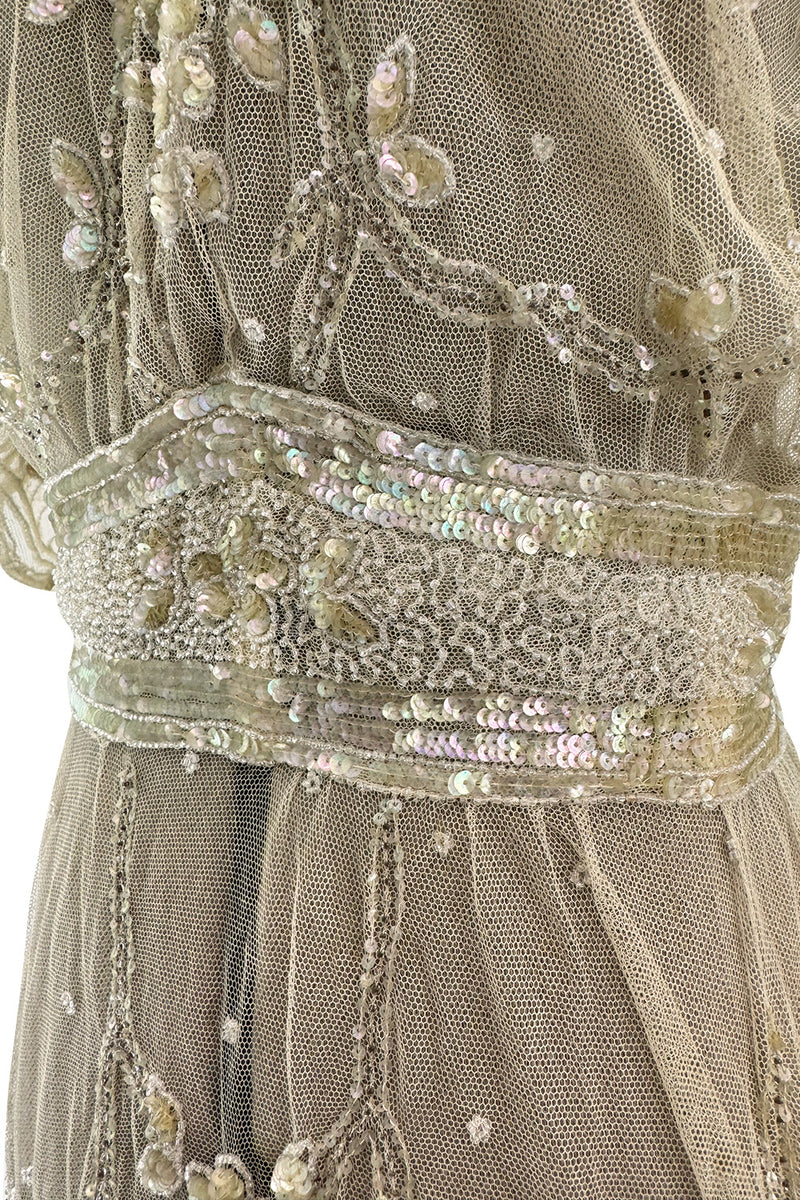 Beautiful 1910 Unlabeled Heirloom Ivory Net Wedding Dress w Elaborate Sequin & Bead Work
