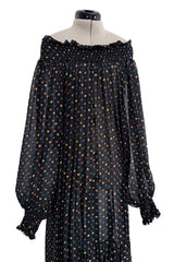 Spring 1978 Yves Saint Laurent Runway & Ad Campaign Off Shoulder Silk Chiffon Dot Dress