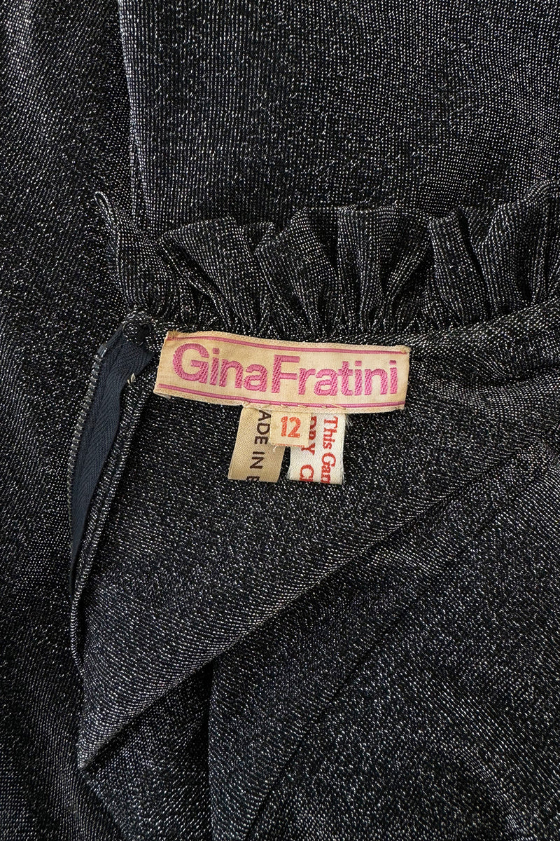 Spectacular 1970s Gina Fratini Metallic Deep Silver Lame Dress w Ruffle Collar &  Angel Sleeves