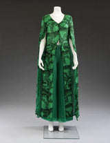 Well Documented Spring 1970 Unlabeled Thea Porter Green Butterfly Print Silk Chiffon Dress