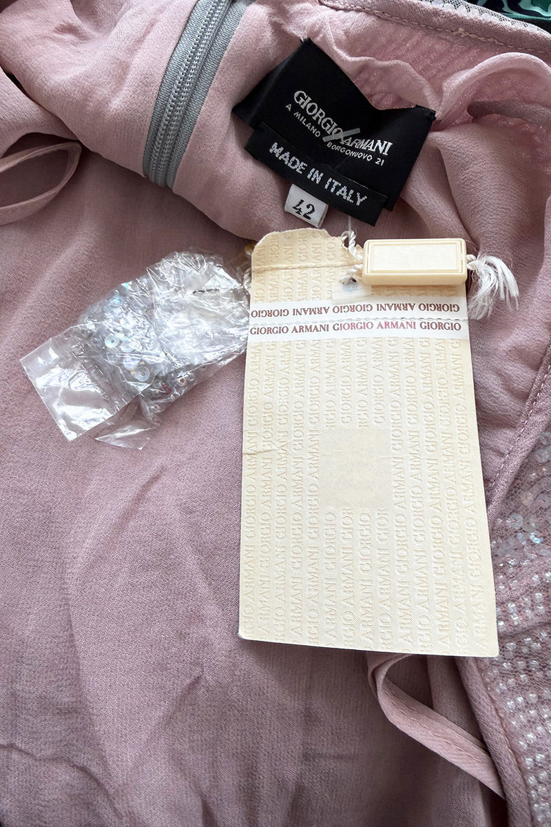 Exceptional Spring 1999 Giorgio Armani Runway Palest Ballet Nude Pink Floral Sequin Dress