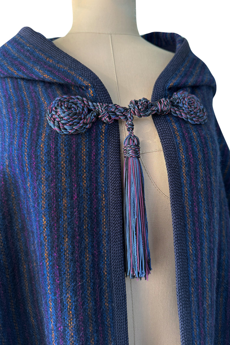 Fabulous  Fall 1976 Yves Saint Laurent Striped Blue Wool Knee Length Cape w Hood & Tassel Detailing