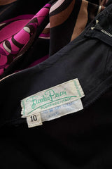 Dreamiest 1970s Emilio Pucci Black Silk Jersey Dress w V Front & Pink Flower Print