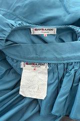 Spectacular 1970s Yves Saint Laurent Deep Turquoise Blue Silk Off Shoulder Fuffled Top & Matching Skirt Set