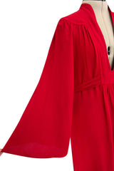 Amazing 1970 Ossie Clark 'Graduation' Deep Front Plunge Maxi Dress in a Red Moss Crepe