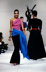 Iconic Spring 1985 Yves Saint Laurent Runway Pink & Black One Shoulder Dress w Blue Swag