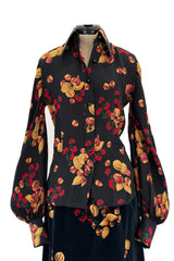 Incredible c. 1972 Original Valentino Three Piece Acorn Print Silk Top, Velvet Skirt & Jacket Set