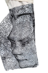 Fantastic Spring 2001 Jean Paul Gaultier Runway Multi Length Mesh Band Dress w Jersey Face Print Skirt