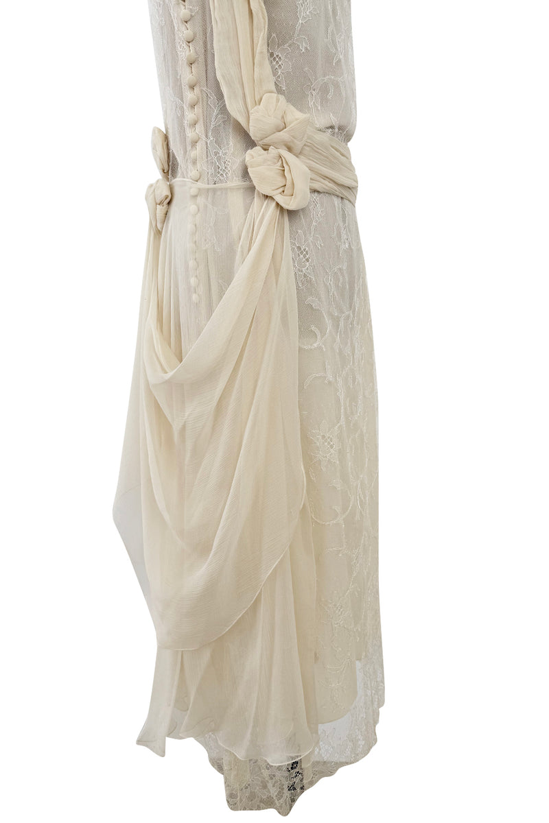 Fall 2007 John Galliano Ivory Silk Chiffon & Lace Dress w Silk Rosettes