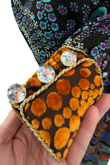 Spectacular 1970s Ronald Amey Demi-Couture Printed Silk, Silk Chiffon & Cut Velvet Dress