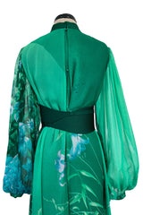 Stunning 1970s Hanae Mori Green Extensive Floral Print Green Silk Chiffon Dress w Balloon Sleeves & Belt