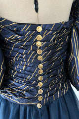 Very Rare Fall 1986 Chanel by Karl Lagerfeld Blue & Gold Strapless w Removable Sleeves