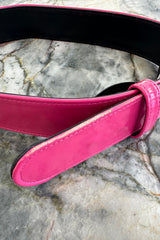 Fabulous 2008 Alexander McQueen Strapless Black Silk Dress w Vibrant Pink Patent Leather Belt