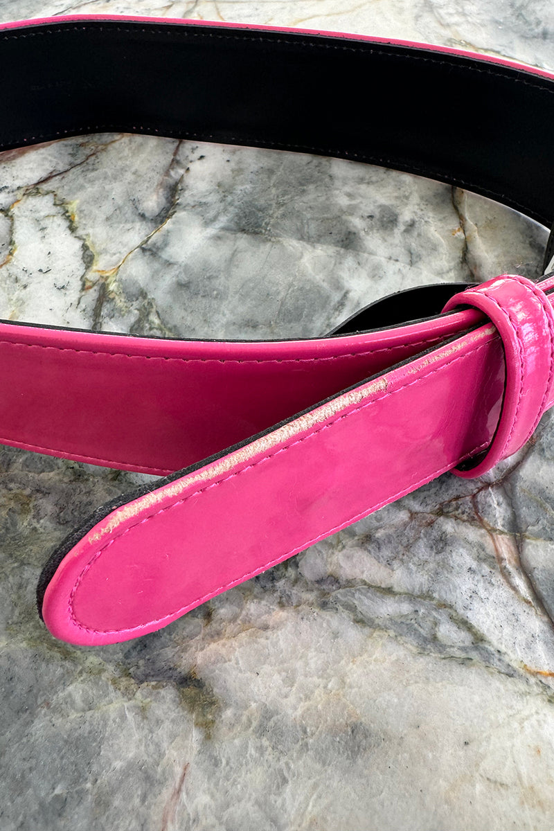 Fabulous 2008 Alexander McQueen Strapless Black Silk Dress w Vibrant Pink Patent Leather Belt