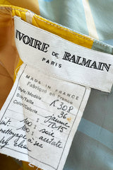 Beautiful Late 1980s Pierre Balmain Pastel Blue & Yellow Feather Light Strapless Silk Dress w Full Skirt