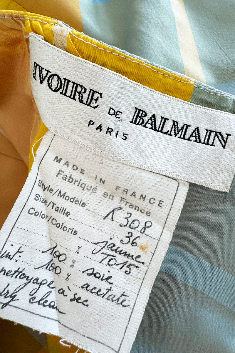 Beautiful Late 1980s Pierre Balmain Pastel Blue & Yellow Feather Light Strapless Silk Dress w Full Skirt