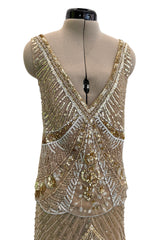 Prettiest 2000s Valentino Roma Metallic Gold Sequin & Bead Silk Chiffon on Netting Top and Skirt Set