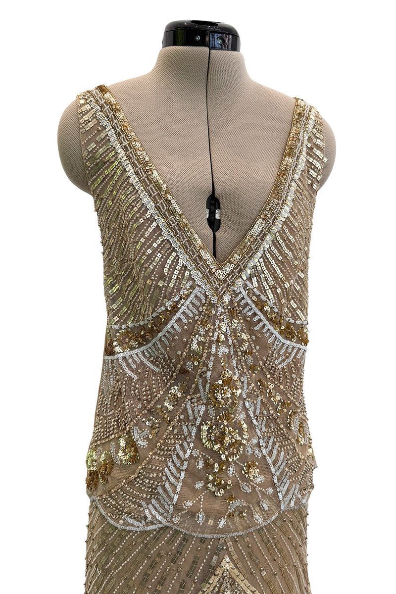 Prettiest 2000s Valentino Roma Metallic Gold Sequin & Bead Silk Chiffon on Netting Top and Skirt Set