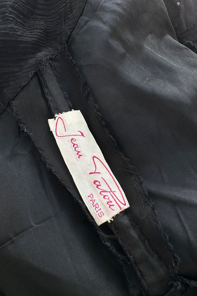 1940s Jean Patou Haute Couture Strapless Black Silk Chiffon Dress w Tiered Full Skirt