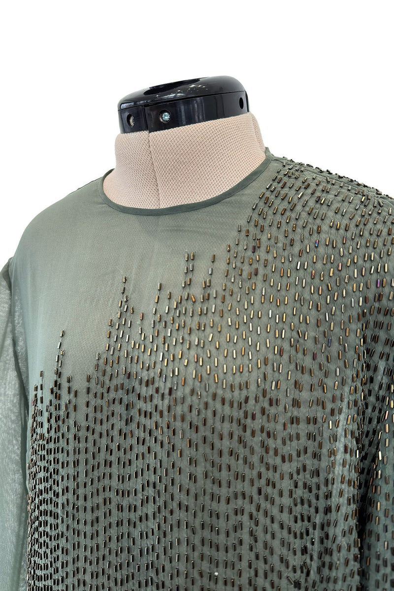 Prettiest Fall 1981 John Anthony Couture Moss Green Silk Chiffon Dress w Hand Beaded Detailing