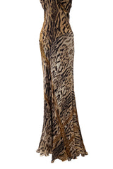 Sexiest 2003 Roberto Cavalli Laced Back Corset Leopard Print Silk Chiffon Dress w Stitched Panels