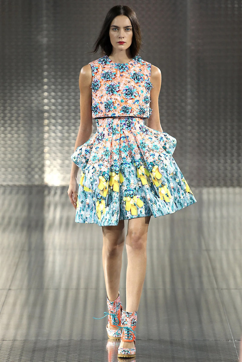 Prettiest Spring 2014 Mary Katrantzou Runway Look 19 Printed Beaded Mini Dress w Full Skirt